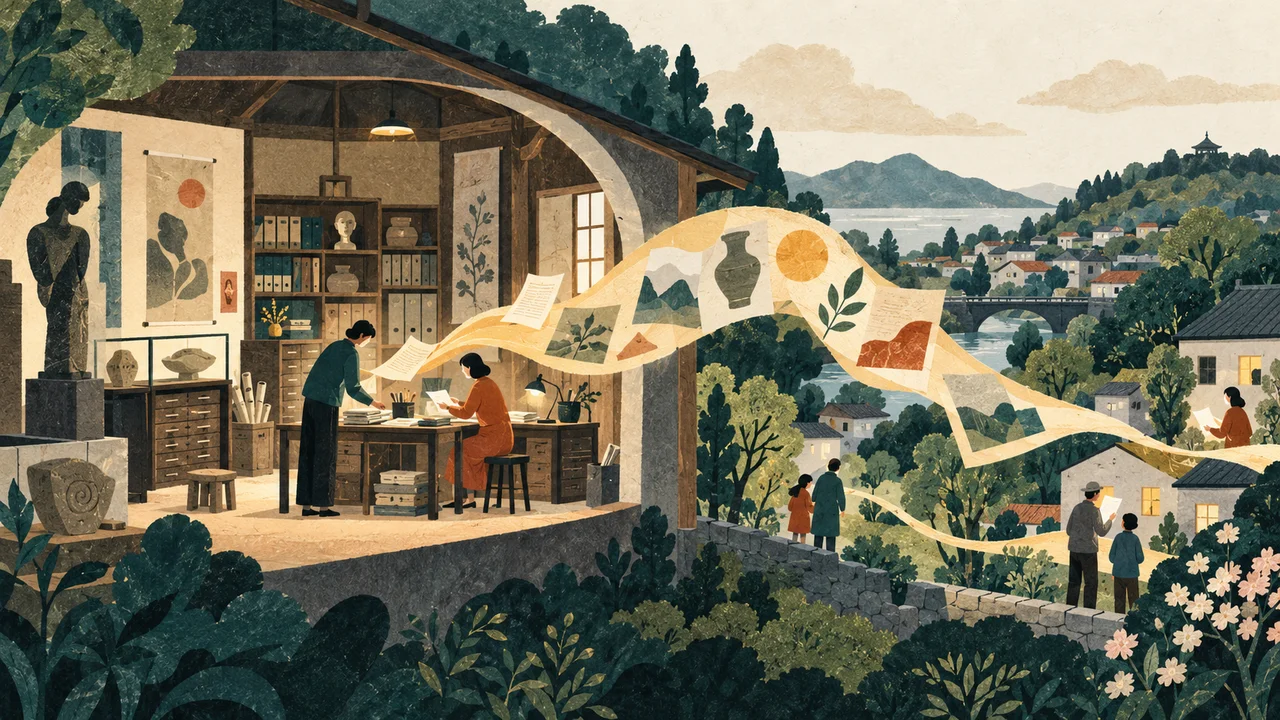 作品を守る美術館の机から、光と紙の帯がまちの人々へつながるイラスト