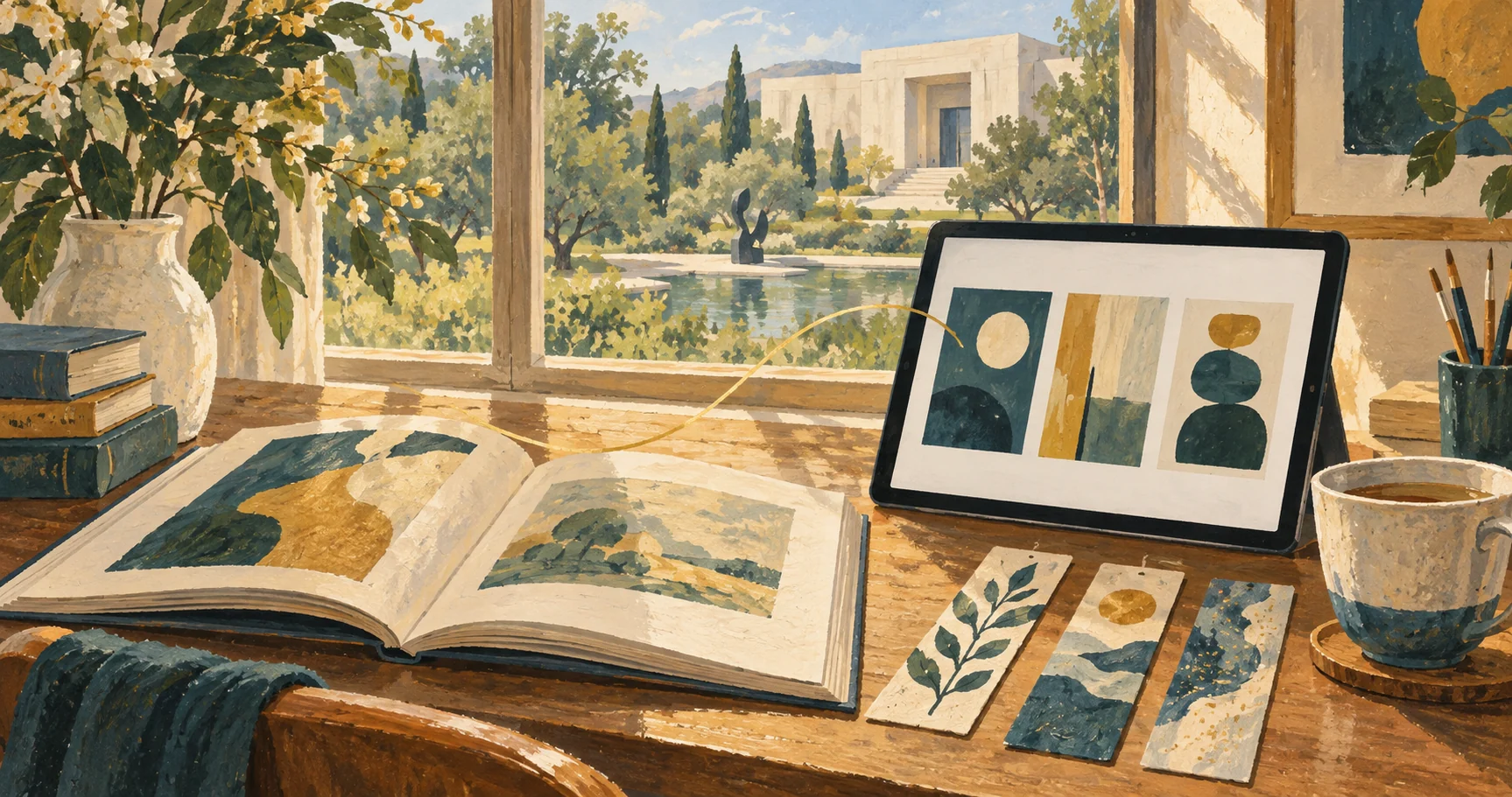 本やしおりと三つの絵を表示したタブレットが並ぶ机から、窓の外の架空の美術館を望む生成イラスト