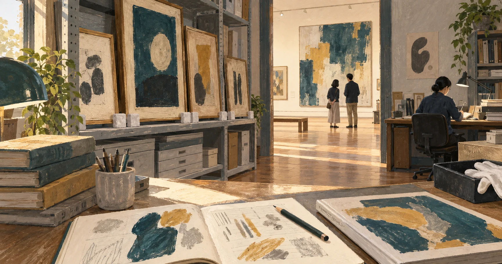 架空の美術館で、調査用の本と作品保管棚、研究する職員、奥の展示室の鑑賞者を描いた生成イラスト